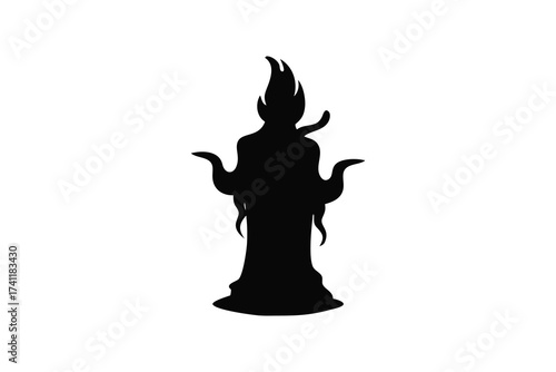 Mysterious figure with flowing robes and tentacle like appendages depicted as a stark black silhouette against a white background evoking a sense of the unknown and supernatural silhouette