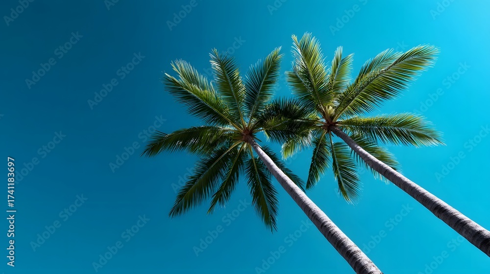Obraz premium Two lush, green palm trees sway gently in the breeze against a vibrant, azure sky, creating a picturesque tropical landscape perfect for a relaxing beach vacation.