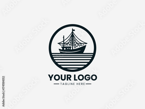 Traditional historic sailing boat vector logo with detailed sails and wooden hull for maritime museum