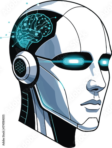 Futuristic robot head with glowing brain and eyes for AI concepts