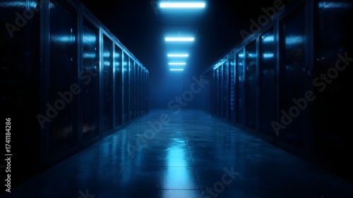 Wallpaper Mural A dark server room with rows of illuminated racks and blue LED lighting Torontodigital.ca