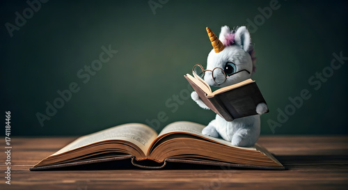 Bookworm Unicorn with tiny glasses and a book