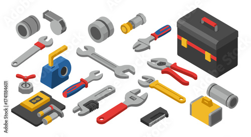 Isometric tools set with wrenches, pliers, and toolbox in 3d design