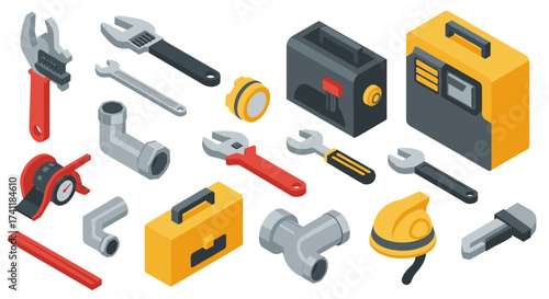 Isometric tools and equipment set diverse collection for construction and repair projects