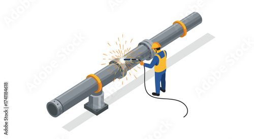 Isometric welder repairing industrial pipeline with safety gear and sparks