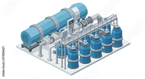 Isometric industrial facility with tanks and pipelines in blue tones