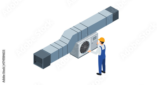 Technician inspecting hvac system in isometric design
