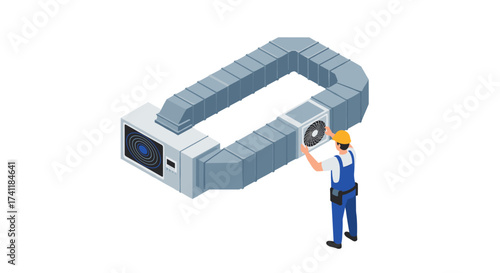Isometric hvac technician adjusting ventilation system ductwork