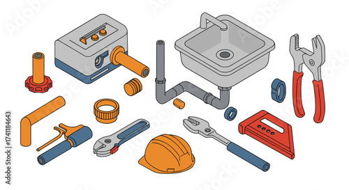 Isometric plumbing tools and equipment set for construction and repair projects