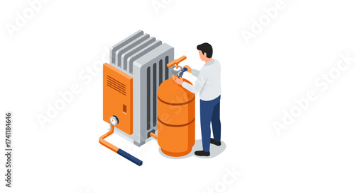 Isometric worker refilling gas heater on white background