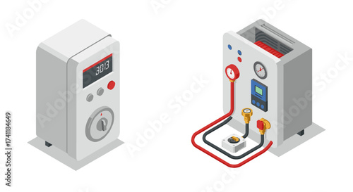 Isometric heating system controls and components with temperature display and valves