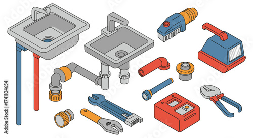 Isometric plumbing tools and fixtures in flat design for repair and maintenance