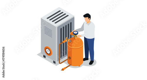 Technician adjusting hvac system in isometric design for home efficiency