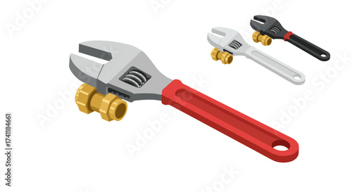 Isometric adjustable wrench set with colorful handles for plumbing and repair