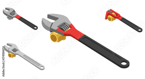 Isometric adjustable wrench tools set on white background