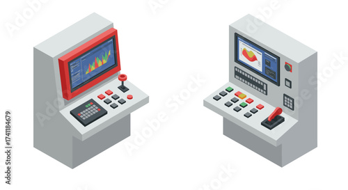 Retro isometric control panels with graphs and buttons for technology interfaces