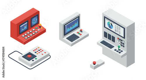 Isometric control panels with graphs and buttons for technology interfaces