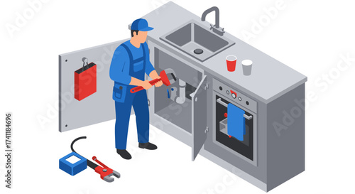 Male plumber repairing kitchen sink with tools in modern home isometric design