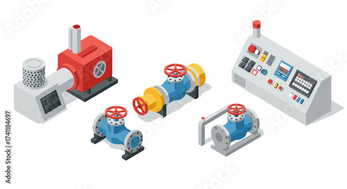Industrial equipment with valves and control panel in 3d isometric style