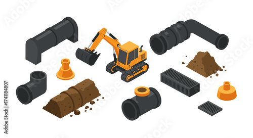 Isometric construction site elements with excavator and pipes
