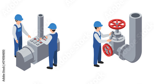 Engineers operating industrial machinery in an isometric factory setting