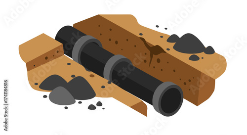 Flat design broken underground pipe with cracks and soil illustration