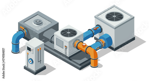 Isometric hvac system design with air conditioning units and pipelines