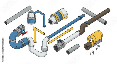 Isometric plumbing components with pipes and connectors on white background