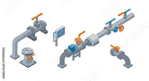 Industrial pipeline isometric design with valves and control panel