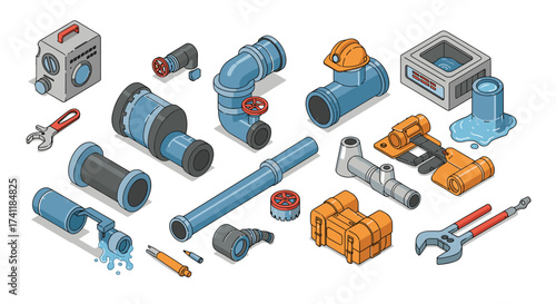 Isometric plumbing tools and pipes set with industrial elements