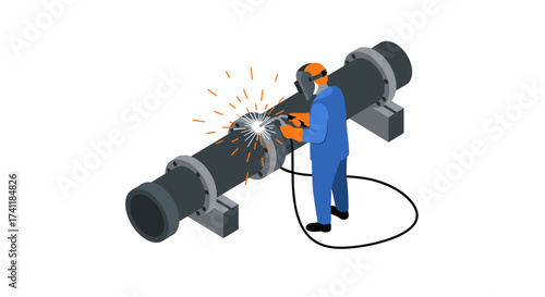 Isometric welder at work on large pipe with sparks