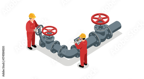 Isometric workers operating industrial pipeline valves and controls