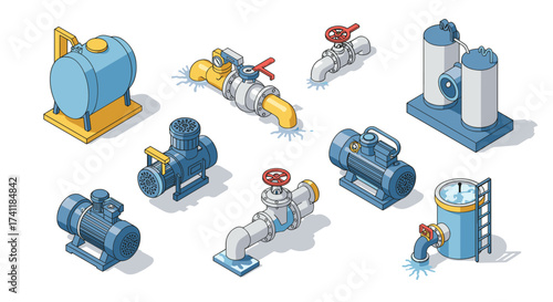 Isometric industrial water system components with pumps, valves, and tanks