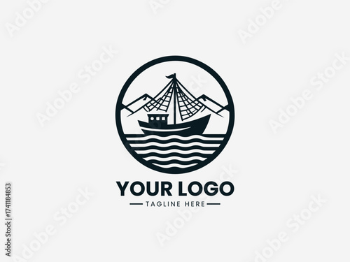 Traditional historic sailing boat vector logo with detailed sails and wooden hull for maritime museum