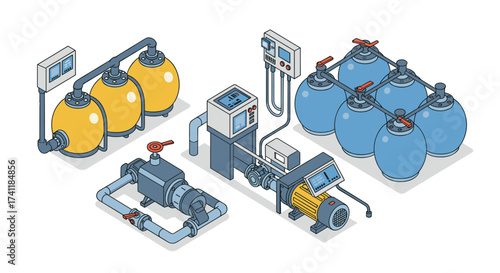 Detailed isometric industrial water filtration and pumping system with control panels