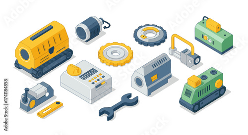 Isometric industrial machinery icons in modern 3d style