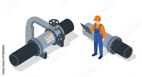 Industrial isometric design showing engineer with large pipeline system