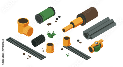 Isometric plumbing elements pipes, valves, and fittings for infrastructure and construction