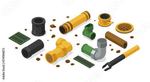 Isometric plumbing components set industrial pipes and tools collection