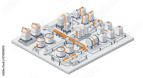 Isometric industrial plant with storage tanks and pipelines in orange and gray tones
