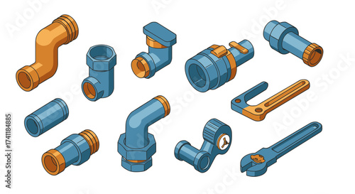 Colorful isometric plumbing tools and pipe fittings set for construction projects
