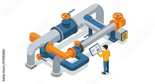 Industrial pipeline automation system with digital monitoring and control in isometric style