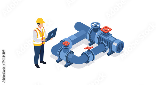 Engineer inspecting industrial pipeline with valves in isometric design