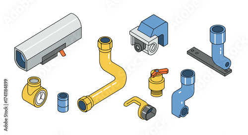 Isometric plumbing components with colorful pipes and fittings for engineering design