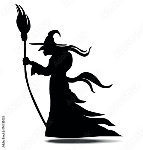 Hunchbacked witch silhouette with broom in hand. Halloween vector on transparent background 