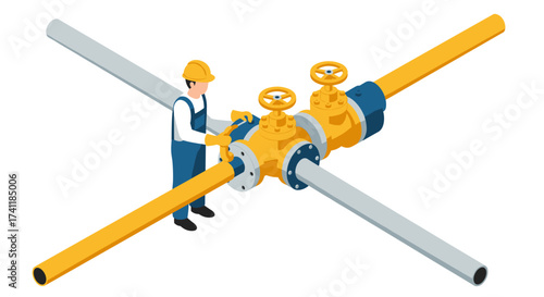 Isometric worker adjusting industrial pipeline valves in engineering setting