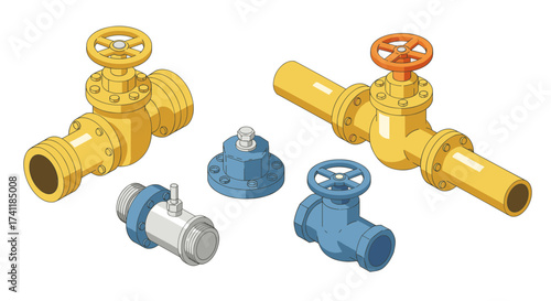 Industrial pipe fittings and valves in isometric perspective