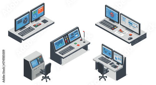 Isometric control center workstations with multiple screens and technical equipment