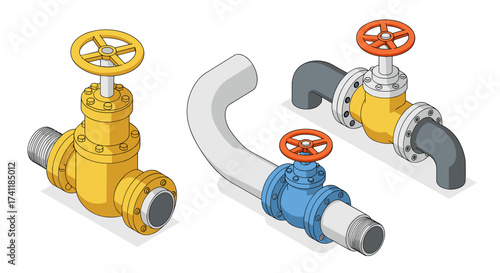 Industrial pipe valves with colorful handwheels in isometric style