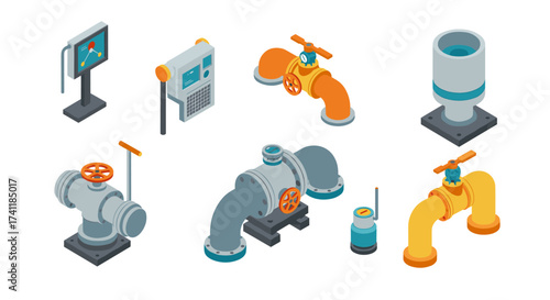 Industrial pipe system isometric design with control valves and monitoring equipment
